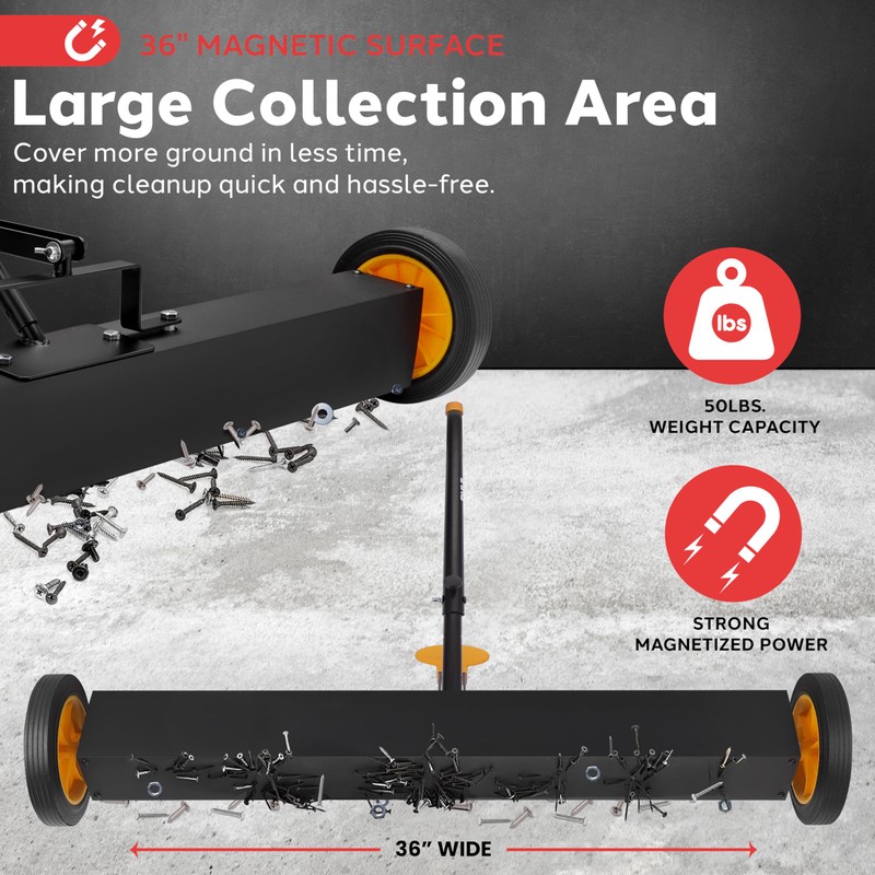 Pyle 36" Rolling Magnetic Sweeper with Adjustable Handle - Strong