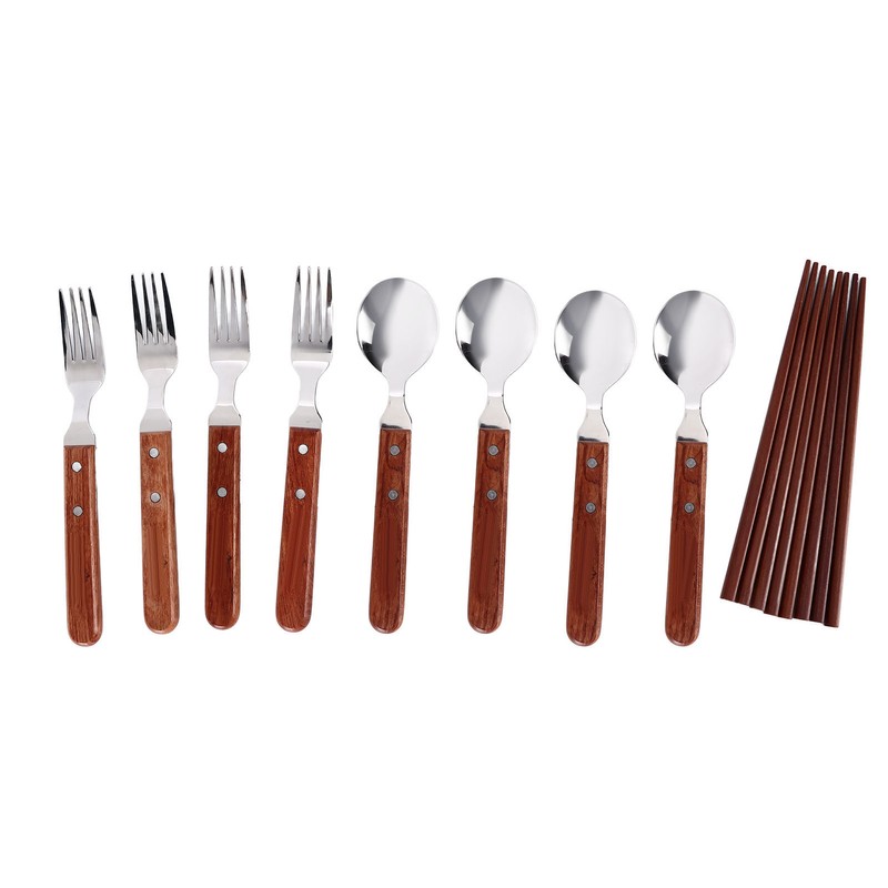 12 Pcs Stainless Steel Wooden Handle Tableware Set Outdoor 4