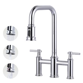 Bridge Faucet for Kitchen Sink Chrome: 3 Hole Solid Brass Farmhouse Kitchen Faucet with Pull Down Sprayer, 2 Handle 8 Inch Centerset High Arched Faucet with 360° Swivel Spout