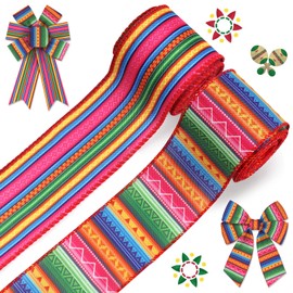 ALIBBON 2 Rolls 2.5" × 5 Yd Mexican Serape Ribbon Colorful Striped Wired Ribbon Fiesta Burlap Ribbon for Wreath DIY Crafts Bows Making Gifts Wrapping Mexican Party Decoration