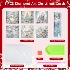 Kunoli 6pcs 5D Diamond Painting Christmas Greeting Cards for Adults, DIY Diamond Art Kits for Family Friends Christmas Xmas Birthday Gift (White)