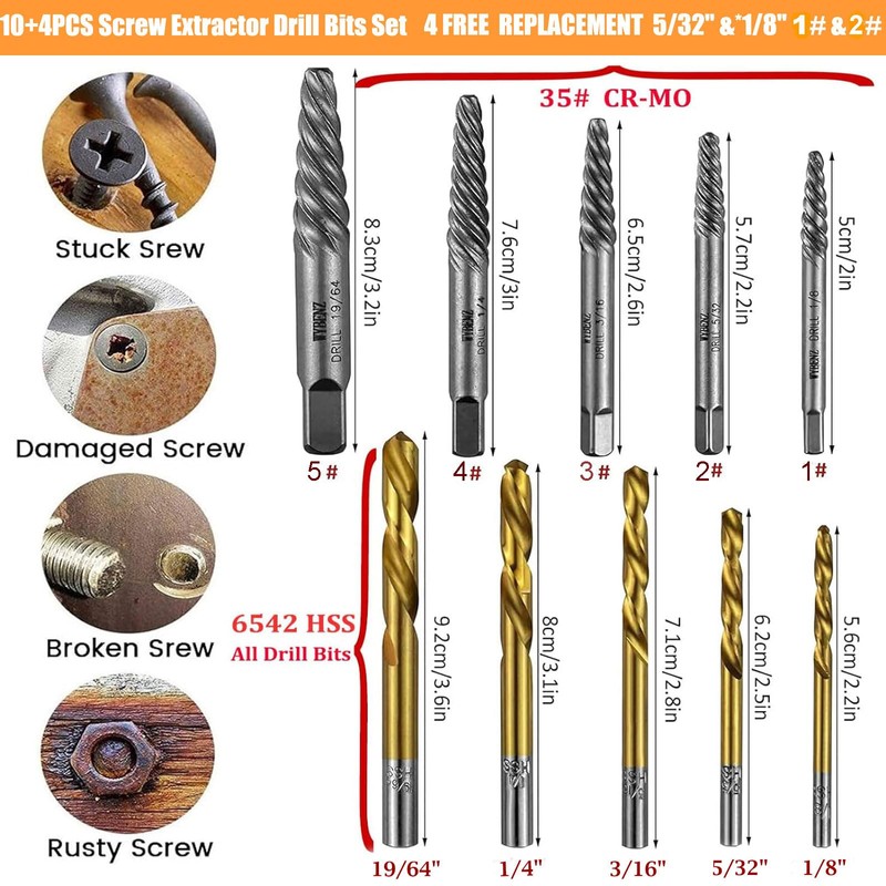 14Pcs Screw Extractor and Left Hand Drill Bits Set, Easy