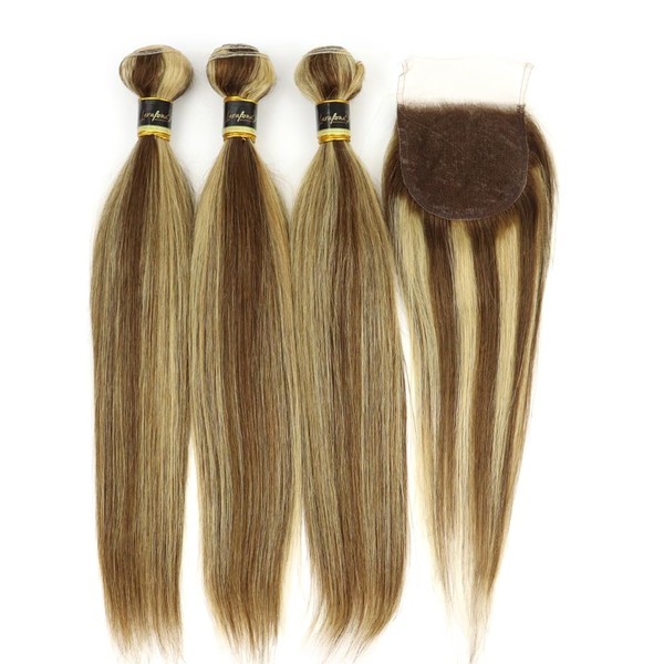 Larafona Human Hair Bundles with Closure 100% Remy Hair Weaving Extensions P4/27# Brown/Honey Blonde Straight Hair (3 Pieces 45 cm + 35 cm Closure)