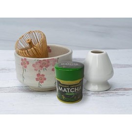 Beige Sakura Ceramic Matcha Set - Japanese Matcha Bowl, Ceremonial Matcha 30g, Bamboo Matcha Whisk and Whisk Holder - Handcrafted Matcha Cup, 100 Prongs Chasen by Aprika Life