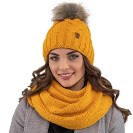 VIVISENCE 7014 Women's Bobble Hat Winter Warm Thick Patterned Made in EU, honey