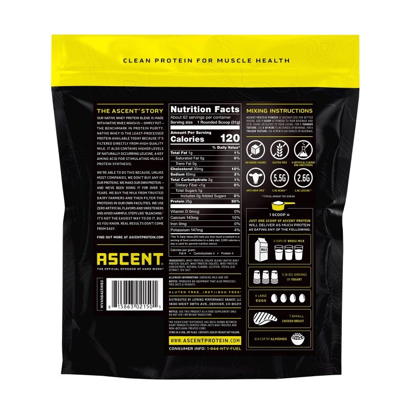 Ascent 100% Whey, Native Whey Protein Blend, Vanilla Bean, 4.25
