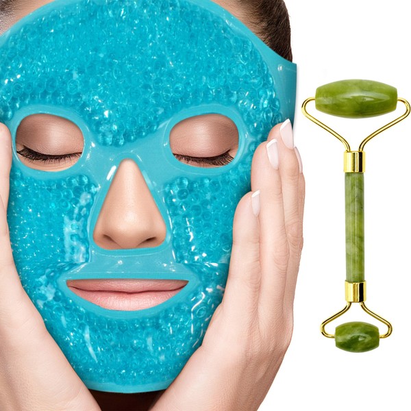 Perfecore Cooling Ice Face Mask Gel pack Jade Roller - Beauty Roller Face Neck Massage Tool - Stone Face Roller & Facial Mask Set for Wrinkles Fine Lines & Anti Aging, Puffy Eyes, Dark Circles & Overall Skin Care