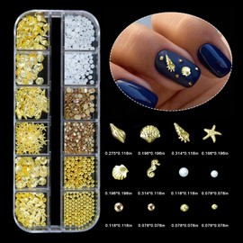 SILPECWEE 4000Pcs Summer Nail Charms and Pearls, 3D Steel Beach Studs Metal Gold Nail Beads Seashell Starfish Nail Rhinestones Pearl Crystal Ocean Theme Manicure Design Supplies for Women