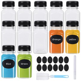 Ezydka Pack of 12 Shot Bottles for Filling 150 ml Empty Plastic Bottles for Filling Juice Bottles Small Shot Bottles Mini Smoothie Bottle with Stickers, Pens and Brush, Reusable