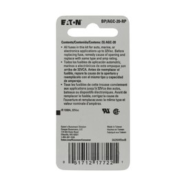 Bussmann BP/AGC-20 20 Amp Fast Acting Glass Tube Fuse , yellow