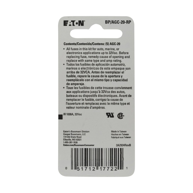 Bussmann BP/AGC-20 20 Amp Fast Acting Glass Tube Fuse ,