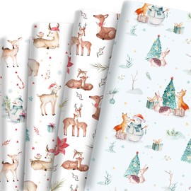 Bolsome 12 Sheets Christmas Woodland Animal Gift Wrapping Paper, Fox Deer Rabbit Bird Snowman Printed Gift Wrap Paper for Xmas Party Birthday Party Baby Shower DIY Craft Supplies, 19.7 × 27.5 Inch