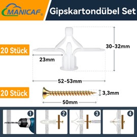 MANICAF Plasterboard Dowels Set, 120 Pieces Cavity Dowels, Plasterboard Dowels with Screws, Drywall Dowels Cavity Dowels Butterfly for Plasterboard, Fibreboard, Cavity Walls (60 Dowels + 60 Screws)