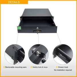 RIVECO 2U Rack Drawer Rack Mount Drawer for 19” Network Equipment & Server Rack Cabinet Lockable Deep Drawer with Key Black