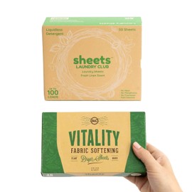 Sheets Laundry Club - Kit de lavandería todo en uno. - Como se ve en Shark Tank- Ligero: disfruta de 50 sábanas de lino fresco de disolución rápida, 40 hojas de secadora de vitalidad a base de plantas, una brisa de usar