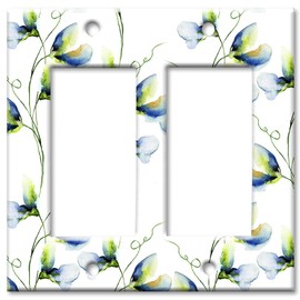 Art Plates 2 Gang Decora - GFCI Decorative Metal Wall Plate - Blue and White Watercolor Flowers - (Made in USA)