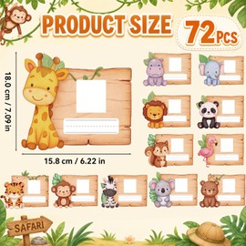 72Pcs Safari Animals Photo Nameplates Self Adhesive Jungle Animal Name Labels Stickers Elephant Tiger Lion Photo Name Tags for Desk Bins Cubbies Classroom Back to School Decorations Teacher Supplies