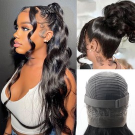 kloiynj Hidden Strap 360 Lace Front Wigs Human Hair 220% Density Body Wave HD Lace Front Wigs with Drawstring 360 Full Lace Human Hair Wigs for Women Pre Plucked with Baby Hair Natural Color 22 Inch