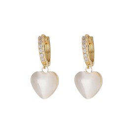 DIAMANTIO Statement Gold Heart Drop Earrings with White Shell Charm – 18K Gold Plated, Dainty Crystal Huggie Hoops for Romantic, Everyday, and Special Occasion Wear