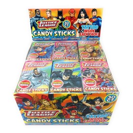 Justice League Superhero Candy Sticks With Tattoo | Great For Kids Party Favors and Goodie Bags | 30 Packs Per Box | Includes 5 Superhero Stickers | By Amazing Snack Packs