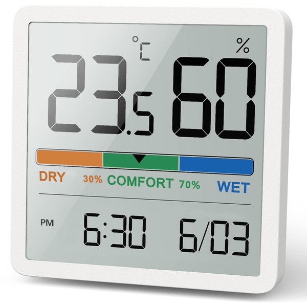 NOKLEAD Hygrometer Indoor Thermometer, Desktop Digital Thermometer with Temperature and Humidity Monitor, Accurate Humidity Gauge Room Thermometer with Clock (White)