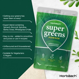 Super Greens Powder | 250g | 50 Servings | Superfood Supplement Blend with Broccoli, Spinach, Spirulina, Barley Grass, Wheatgrass, and Kale | Vegan and Unflavoured | by Horbaach
