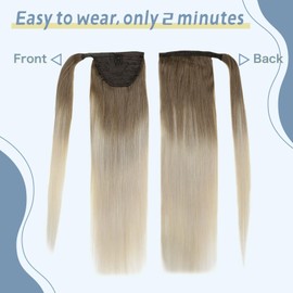 fshine Ponytail Extensions Human Hair 14 Inch 70g Clip in Ponytail Human Hair Extensions Light Brown to Platinum Blonde Ombre Wrap Around Straight for Women
