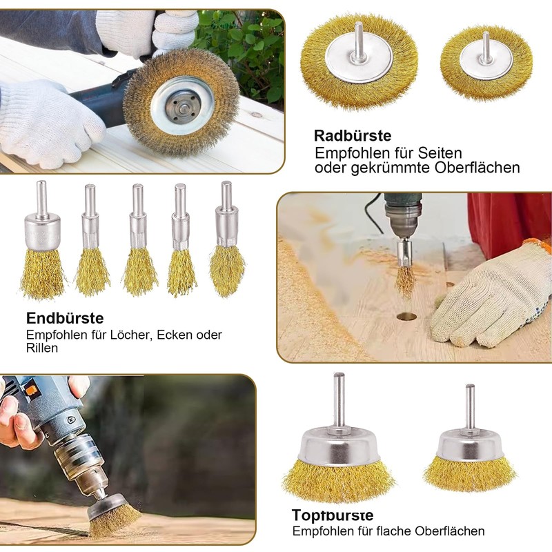 Wire Brush Drill, 12-Piece Steel Brush, Cordless Screwdriver, Brass Brush