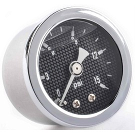 JEGS Fuel Pressure Gauge | 1.5” Diameter | Liquid Filled | 0-15 PSI | Carbon Fiber-Look Dial | 1/8 “ NPT Male Fitting | Stainless Steel Case & Bezel