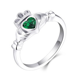 Old English Jewellers 925 Sterling Silver Green Emerald Cz Claddagh Irish Celtic Ring size J K L M N O P Q R S - Love Loyalty & Freindship - Rhodium Overlay (J)