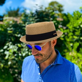 Men Women Straw-Pork-Pie-Hat - Classic Boater Hat with Black Band Summer Beach Hat UPF50+ Size:S-M