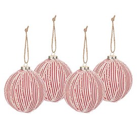 Red and White Ticking Striped Ball fabric Christmas Ornaments 4 Count