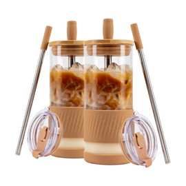 Pandaloo® Glass Cups With Lids and Straws -20 Fl Oz- Perfect Size Iced Coffee Cup - Smoothie Cup With Bamboo Lid and On the go Lid - Glass Tumbler With Straw (2 Count (Pack of 1), Amber Sand)