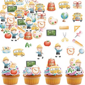 Fyeoxle 40PCS Edible Back to School Cupcake Toppers Wafer Paper First Day of School Cupcake Toppers Edible Welcome Back to School Cupcake Picks for School Theme Party Supplies