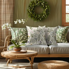 Smozenith Spring Floral Pillow Covers 20X20 Set of 2, Sage Green Flower Wildflowers Plant Botanical Print Decorative Throw Pillowcases Outdoor Farmhouse Seasonal Cushion Cases Couch Sofa Bed Decor