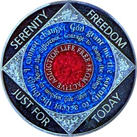 (1-50 Years) NA 35 Year Narcotics Anonymous Medallion, Red, white (Metallic Tone), and blue Recovery Coin – Narcotics Anonymous Recovery Chip, Clear Crystals, Red, Silver, Blue & Black Rainbow Glitter