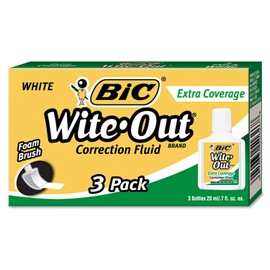 BIC Wite-Out Brand Extra Coverage Correction Fluid, 20 mL, White, Covers The Toughest Mistakes, 3-Count