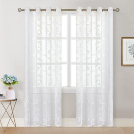 BGment White Sheer Curtains 84 Inches Long 2 Panels - Embroidered Leaf Pattern Semi Sheer Curtains Light Filtering Grommet Window Drapes for Living Room, Each Panel 52 x 84 Inch