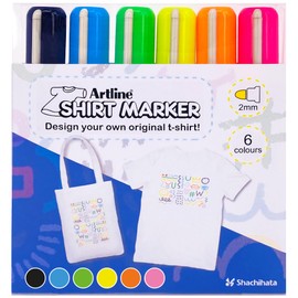 Artline Pack of 6 Fabric Markers for T-Shirts (Black, Light Blue, Yellow Green + Fluoro. Yellow, Orange & Pink). Fabric Pens Permanent for Clothes, Washable up to 60 °C - Genuine Clothes Pens