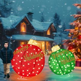 2Pcs 3FT Lighted Christmas Ornament Set - Expandable Outdoor, Indoor Holiday Decor with 200 LED Lights, Easy Assembly & Weatherproof, Red & Green Light-Up Ball for Yard, Garden, Storefront.