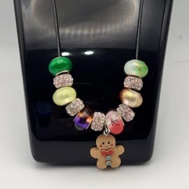 20 in. Black PU Leather, Handmade Colorful Christmas Beaded Necklace w/Charm