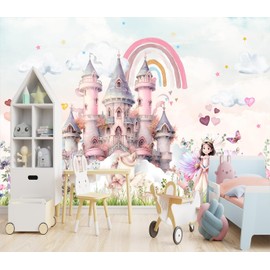 XMPMBM-Pink Cartoon Citadel Princess Nursery Room Backdrop Fabric Large Wallpaper Girls Bedroom Wall Mural- W 176" X H 113" XL