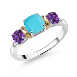 Gem Stone King 1.50 Ct Green Turquoise Purple Amethyst 925 Silver and 10K Yellow Gold Diamond 3-Stone Ring (Size 6)