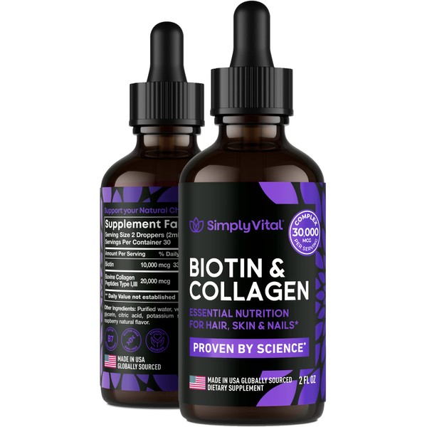 Simply Vital Liquid Collagen & Biotin Vitamins for Hair, Skin and Nails - Biotin 10000 mcg & Collagen 20000 mcg - Hair Growth Supplement for Women & Men - Made in USA - 99% Absorption Liquid Biotin