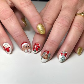 Almond Christmas Press on Nails Medium Red Santa Claus Fake Nails Gold Glitter Full Cover False Nails Acrylic Nails Christmas Glue on Nails Stick on Nails for Women and Girls