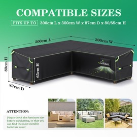 UIRWAY V-Shape Outdoor Sectional Sofa Cover Waterproof with Air Vent, Heavy Duty Patio Furniture Covers, Outdoor Couch Cover with Reflective Strips - Colour: 300*300*87*80/65cm