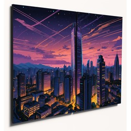 The Plum Penguin Futuristic Cityscape Wall Art Van Gogh Style, Twin Set A4 MDF, Neon Dusk City Decor Canvas Alternative 40 x 30cm