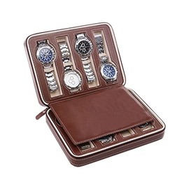 Aco&bebe House Black Zippered Watches Box Travel Case - Watch Organizer Collection - Top Grade Carbon Fibre PU Leather (Coffee-8 Slots)