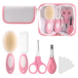 Baby Grooming Kit with Storage Pouch Baby Brush Soft Bristles 5 pcs-Infant Brush, Rounded Comb, Safety Scissors, Nail Clippers & Emery Board -Health Care Kit for Newborns & Toddlers Pink