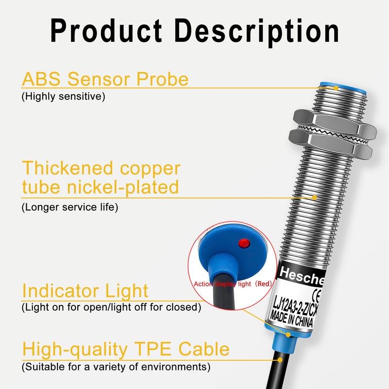 Heschen M12 Inductive Proximity Sensor Switch, Shielded Type, LJ12A3-2-Z/CX, Detector